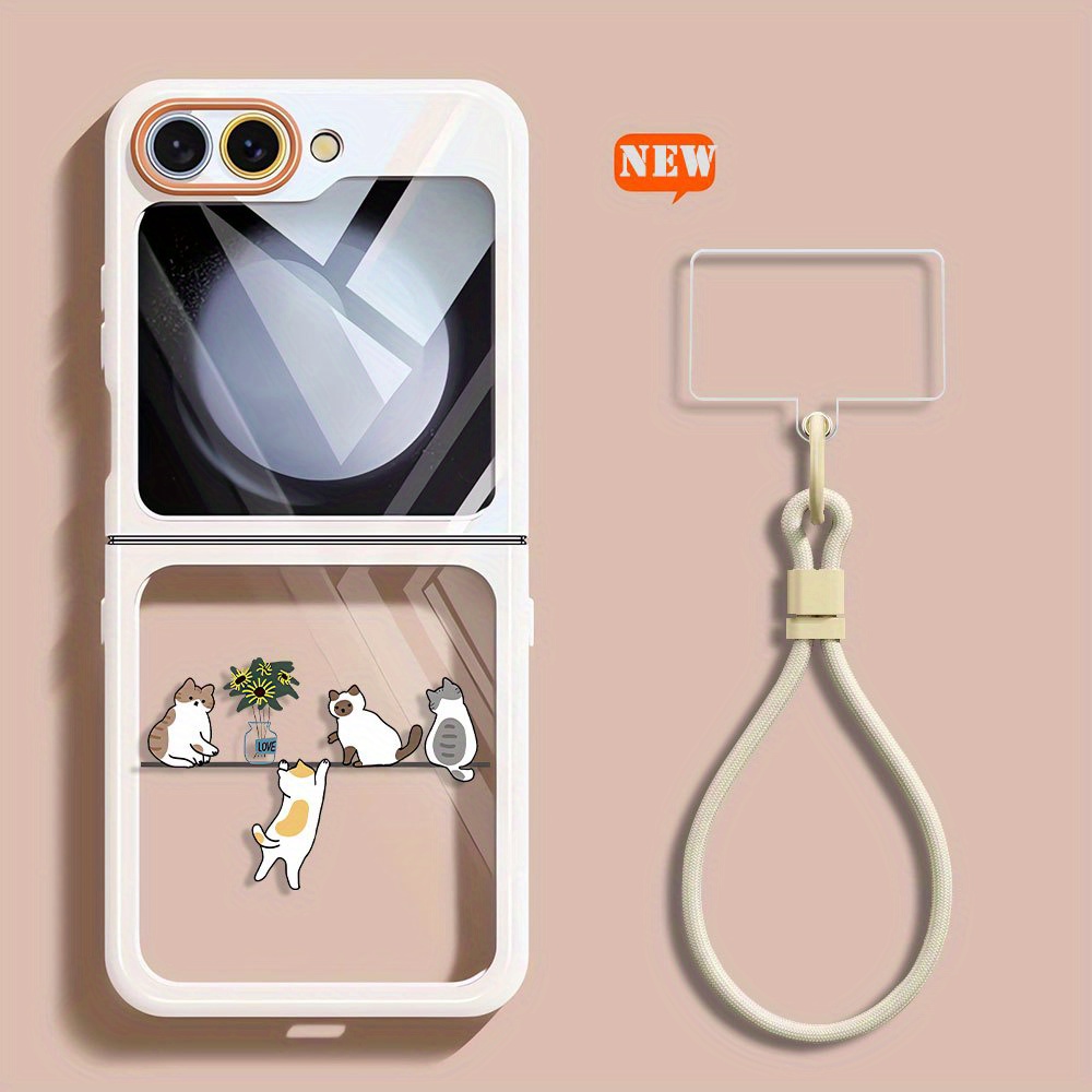 TEMU Phone Case - With Wrist Lanyard Folding Screen Phone Case For Galaxy Z Flip 6 Z Flip 5 Zflip6 Men And Women Fashion Transparent Color Bumping