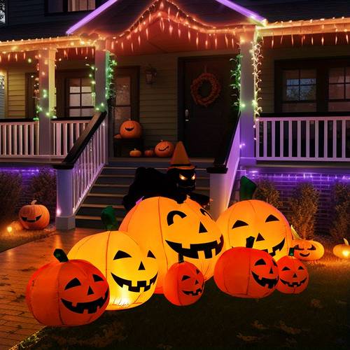 7 long inflatable halloween decorations featuring 7 pumpkins and a witchs cat with built in leds outdoor for party yard and garden decor