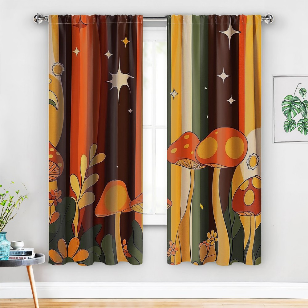 

2pcs Classic Aesthetic Polyester Curtains, Vintage Hippie Floral & Mushroom Rainbow Sun Patterns, 21.65x59/41.34x82.68/44.5x90.55 Inches, Room Decor Drapes