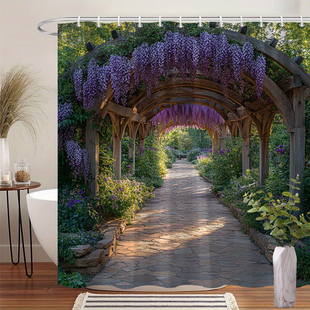 TEMU 1pc Wisteria Garden Shower Curtain Photograph Of Wooden Pergola With Cascading Purple Wisteria Flowers And Stone Pathway Framed By Vibrant