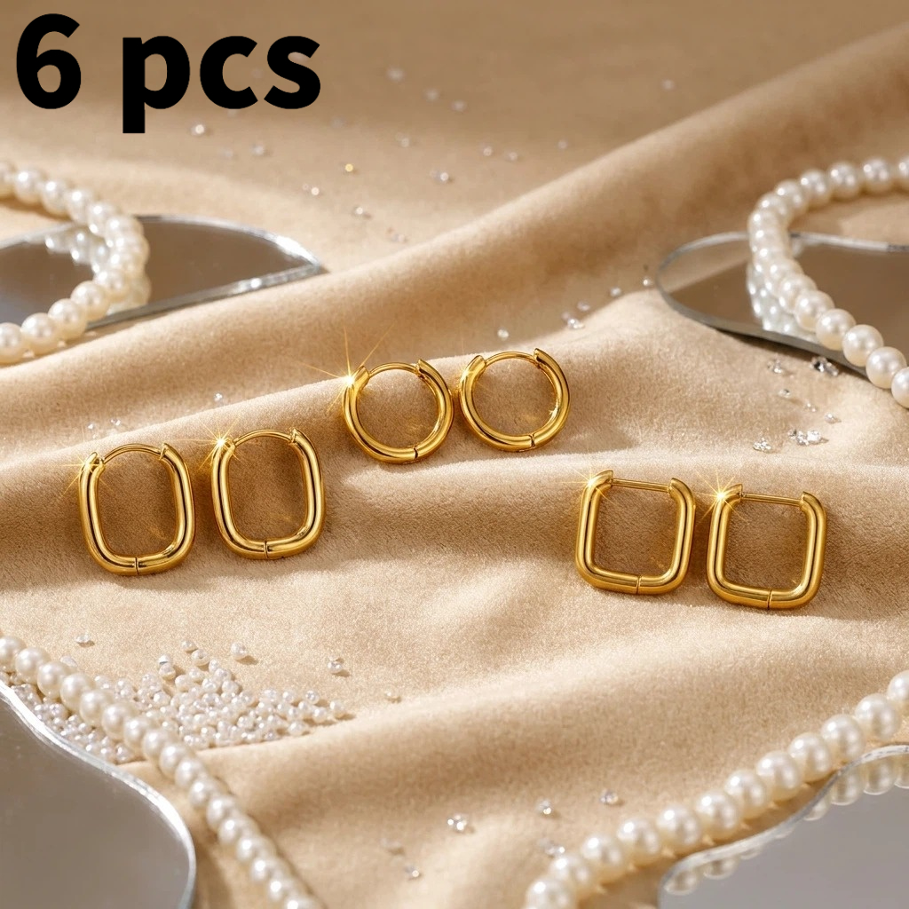 TEMU Set de 6 piezas, Aretes de aro de acero inoxidable dorado hipoalergénicos de calidad, resistentes a la decoloración, aretes de moda fáciles y