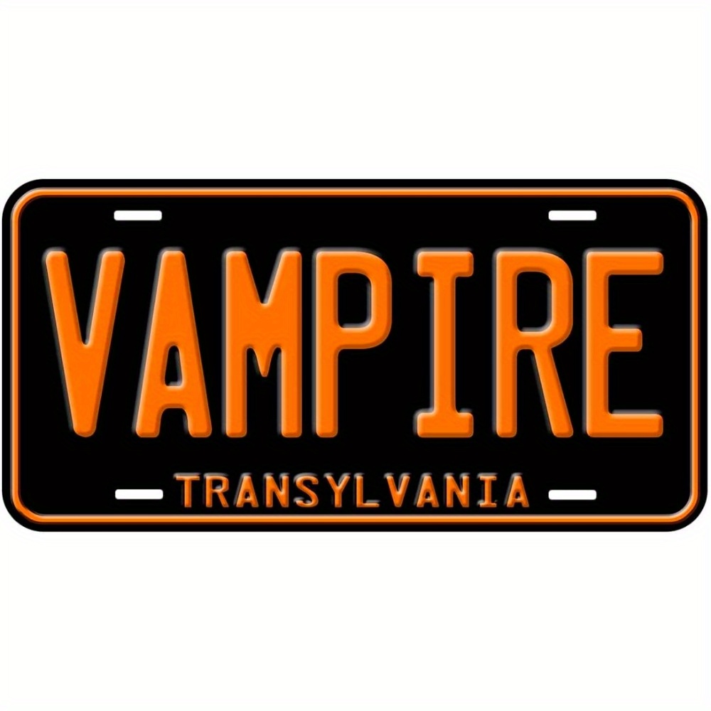 TEMU Vampire Auto License Plate - Black With Orange "vampire" Design, Durable Metal Frame, Vehicles, Halloween Decorative License Plate, Vehicle