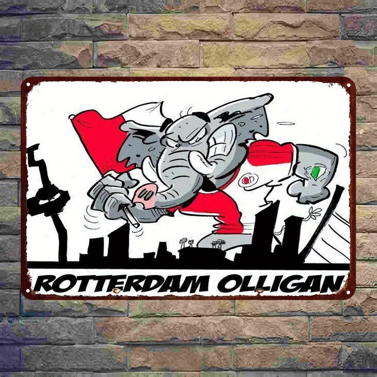 TEMU 2D Plat, Rotterdam Olligan Vintage Stadssilhouet Tinbord - Retro Sportdecoratie met Rood, Wit, Zwart - Stevig Metalen Poster voor Thuis, Bar,