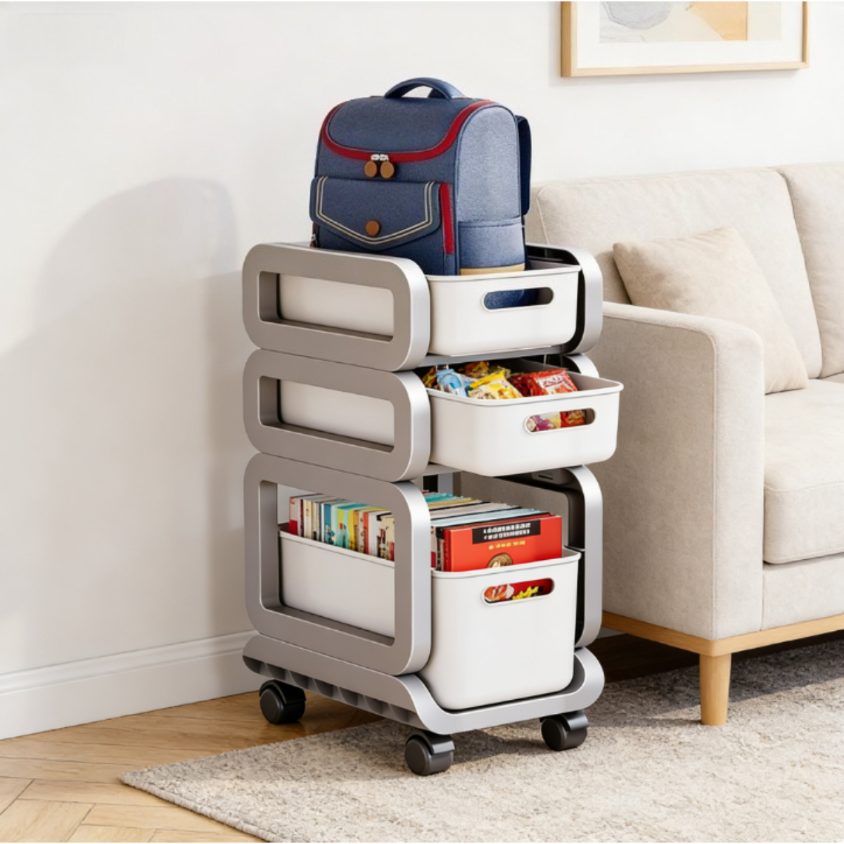 Image of Rolling Multi-tier Storage Cart, Backpack And Book Organizer, Under-desk Storage Cabinet, Home Dorm Space-saving Shelf, Mobile Storage Island
