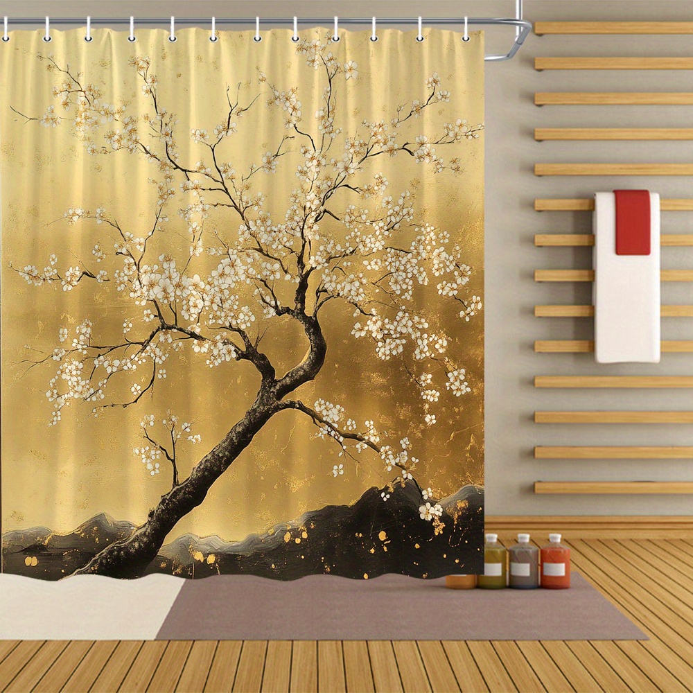 

1pc Cherry Blossom Tree Shower Curtain, Polyester Fabric Bathroom Decor, White Blossoms, Golden Background, And Rolling , , 12 Hooks, 70*70 Inches