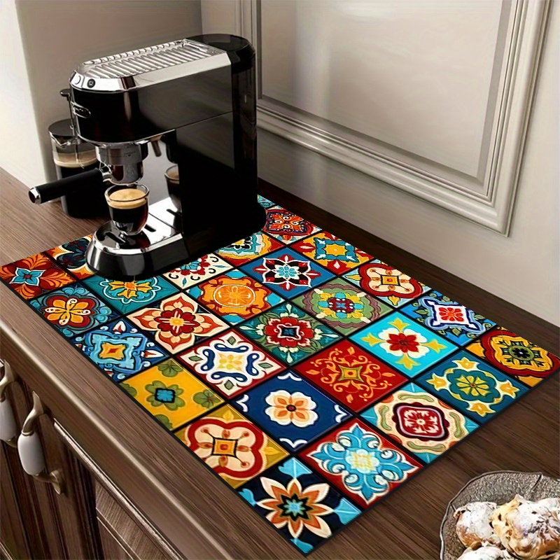 TEMU 1pc Bohemian Geometric Tile Pattern Drain Mat, Drying Mat For Tableware, Dish Drying Mat, Coffee Machine Absorbent Mat, Kitchen Workbench