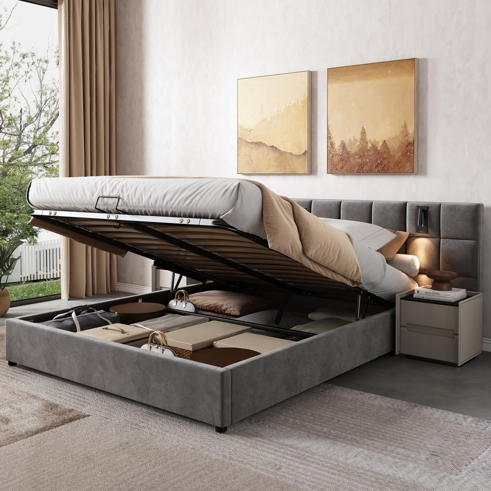 TEMU 248 X 200 X 102.5 Cm Gray Bed, Bed Frame, Bed, Storage Bed, Checkerboard Pattern, , Does Not Nightstands, Does Not Mattress