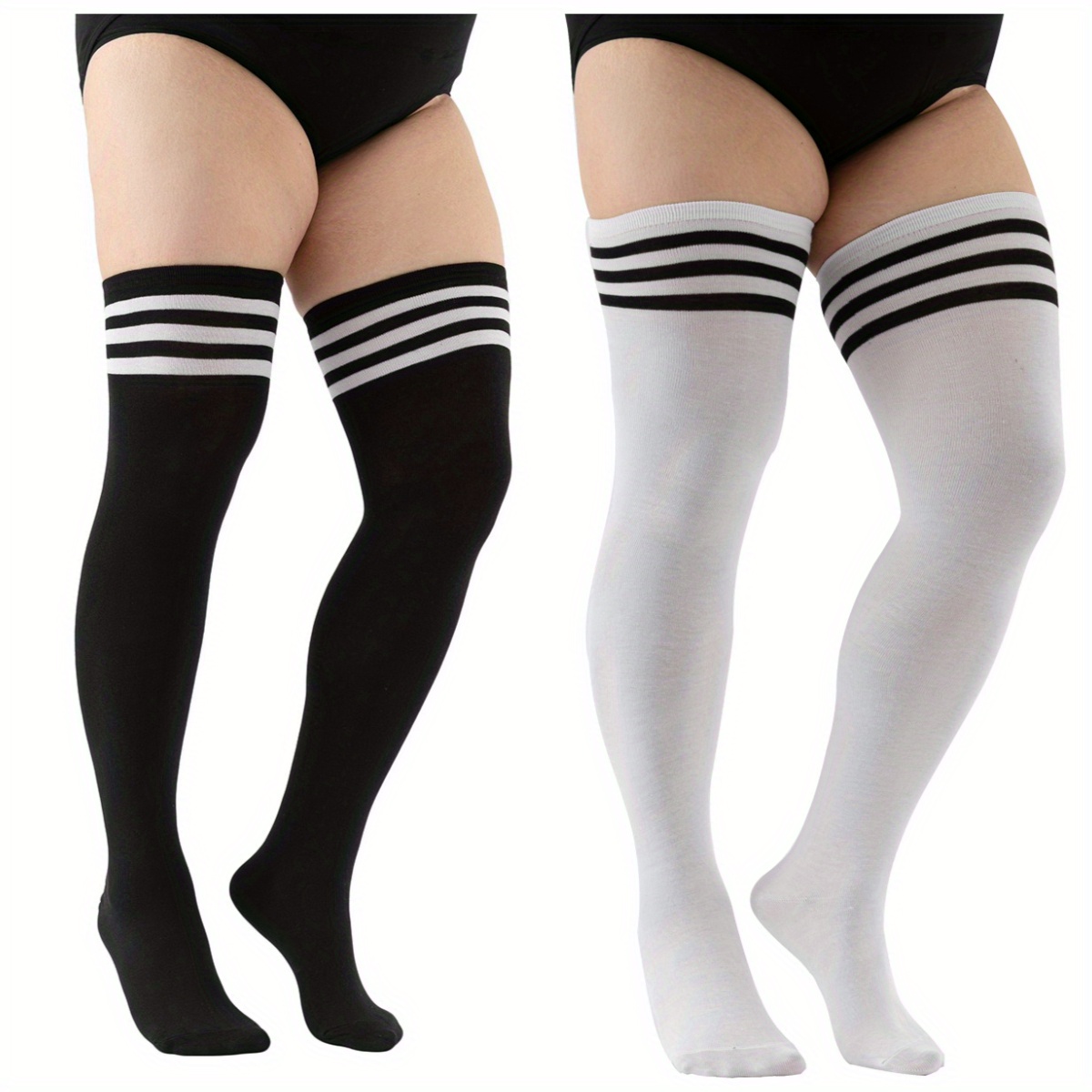 Image of 1 Pair//3 Pairs Of Plus-size Knee-high Socks For Women, Featuring A Striped Design, Classic And Stylish, In Black And