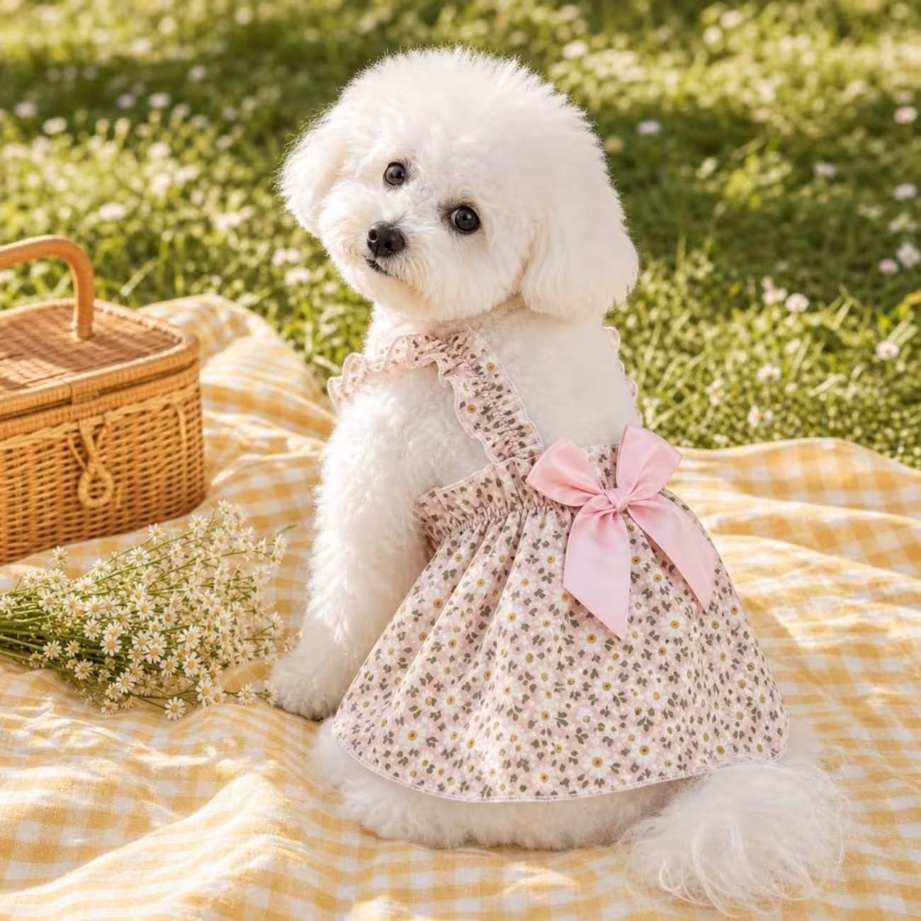 1pc small dog summer dress floral printed ruffle strap pet cami dress with back bow cute puppy clothes for bichon poodle daily outfit Product details 33