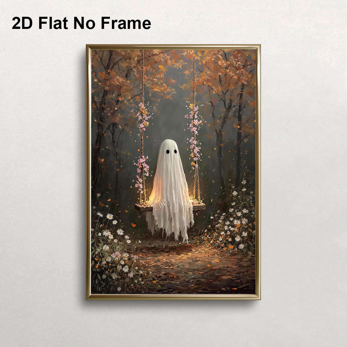TEMU 2d Flat, 2d Flat, 1pc Frameless Canvas Poster, Cute Whimsical Sitting On Floral Swing In Autumn Forest, Wall Art Canvas Painting, Bedroom Living