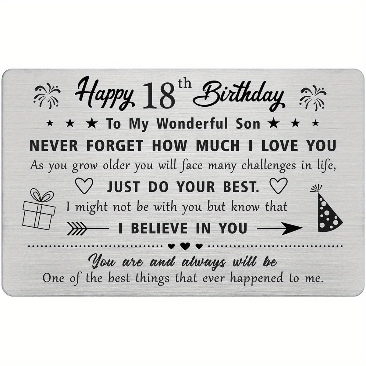 

1pc Engraved 18th Birthday Metal Wallet Card For Son - Message, White Aluminum, Party-themed Design With Celebratory , Celebratory Wallet Card|decorative | Metal Card, Cute Wallet