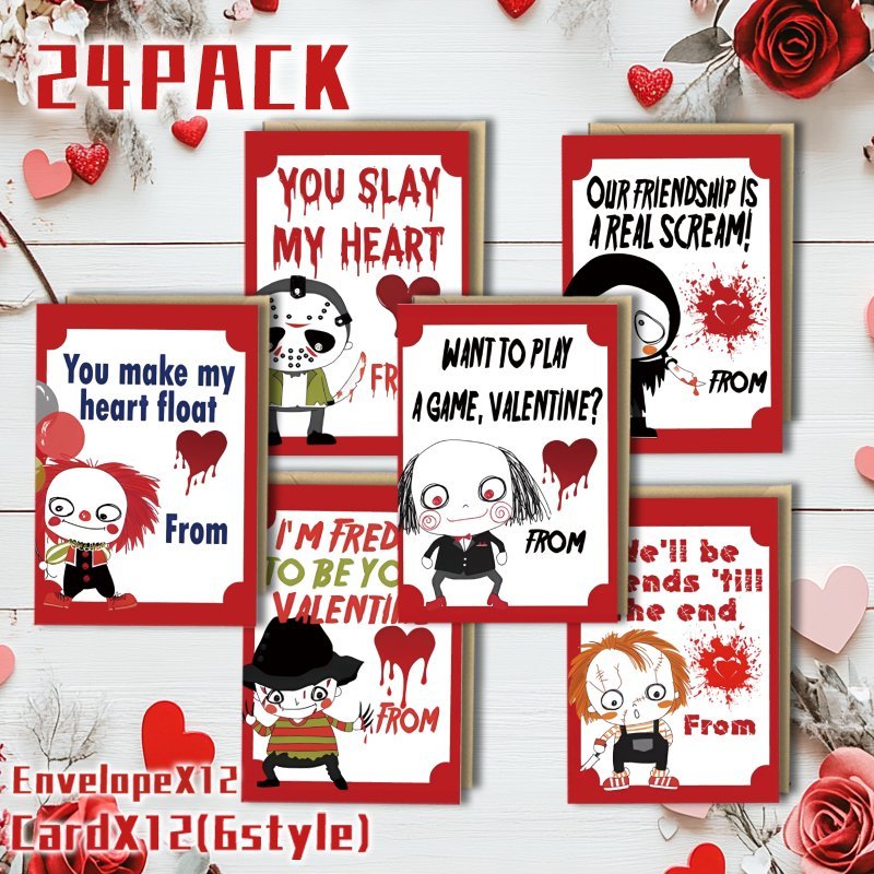 

24-pack Horror Movie Themed Valentine's Day Greeting Cards With Envelopes, Humorous , Multi- Paper Cards For Birthdays, Christmas, New Year - Fun Novelty Cards For