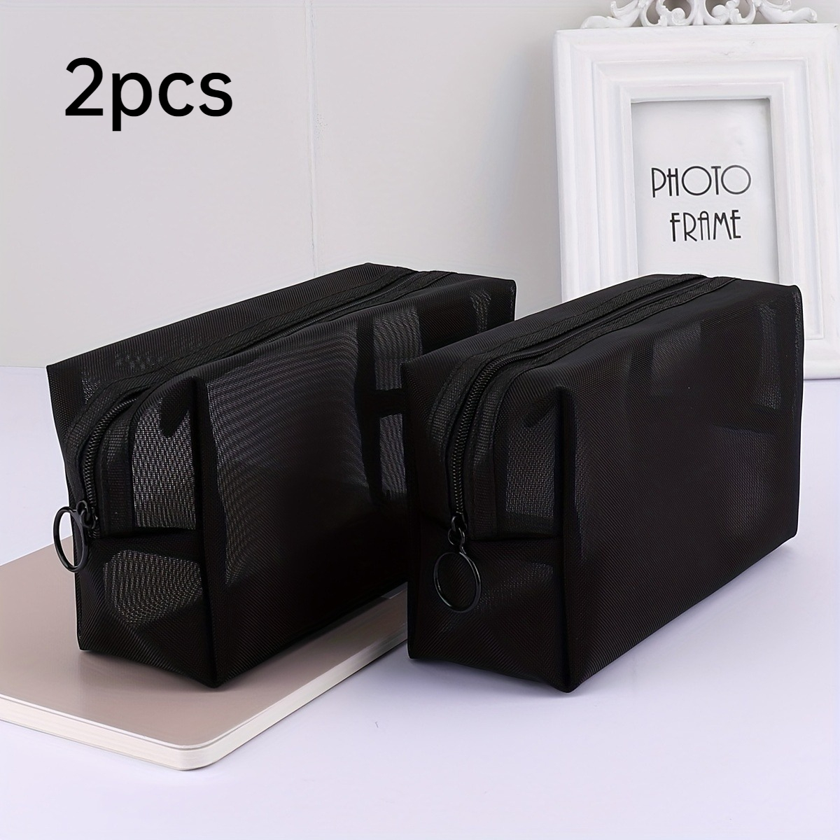 TEMU 2pcs Basic Nylon Mesh Large Capacity Cosmetic Storage Bags, Transparent Window, Hand Wash, Lightweight, Zipper Closure