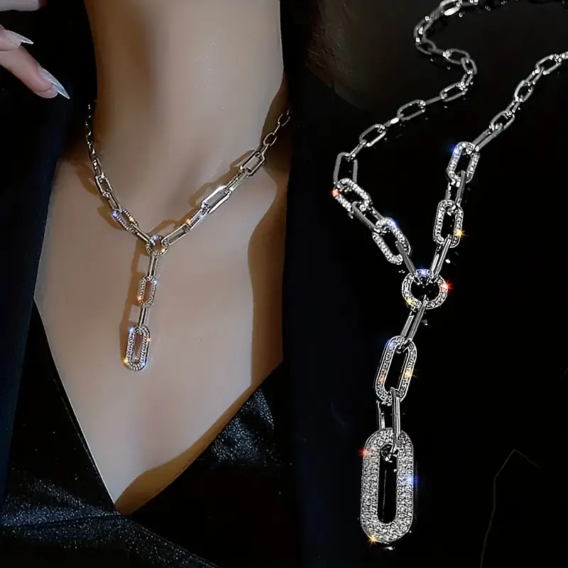 TEMU 925 Silver Women's Fashionable Sexy Statement Geometric Chain | Luxurious Sweater Chain Collarbone Necklace With Sparkling Moissanite, Perfect
