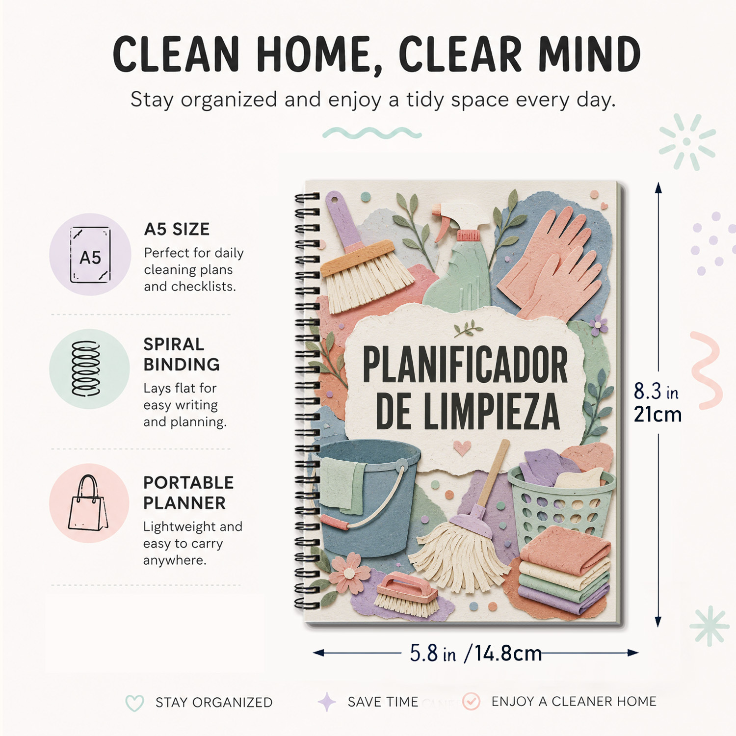 TEMU Cuaderno planificador de limpieza en español A5 de 70 páginas con , cubierta de papel 3D para manualidades de limpieza, registro de domésticas