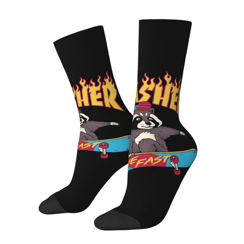 TEMU Street-style Raccoon Skateboard Print Mid-calf Socks, Featuring Retro Hand-drawn Cartoon Raccoons On Skateboards + Flame Font Print Socks. Daily