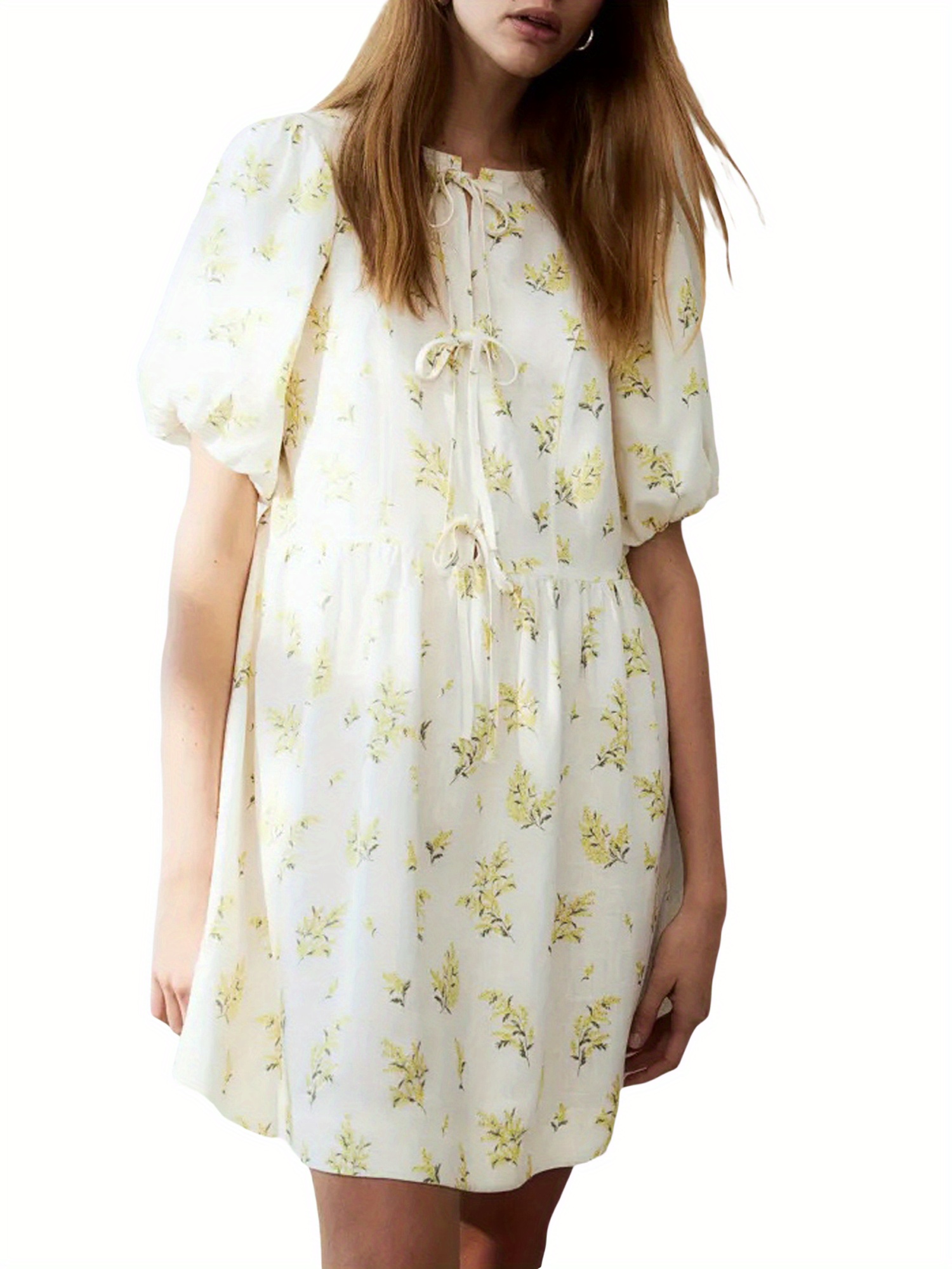 women puff sleeve dress unique floral print/solid color front bow lacing  round neck flowy short dresses - women's clothing - Temu
