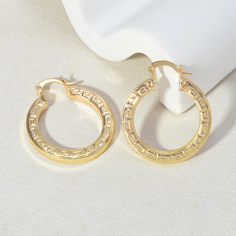 

Pair Of Elegant 18k Gold-plated Hoop Earrings With Intricate Geometric Patterns - Hypoallergenic, Non-fading Design - Ideal For & Parties - Perfect Christmas Or Birthday Gift