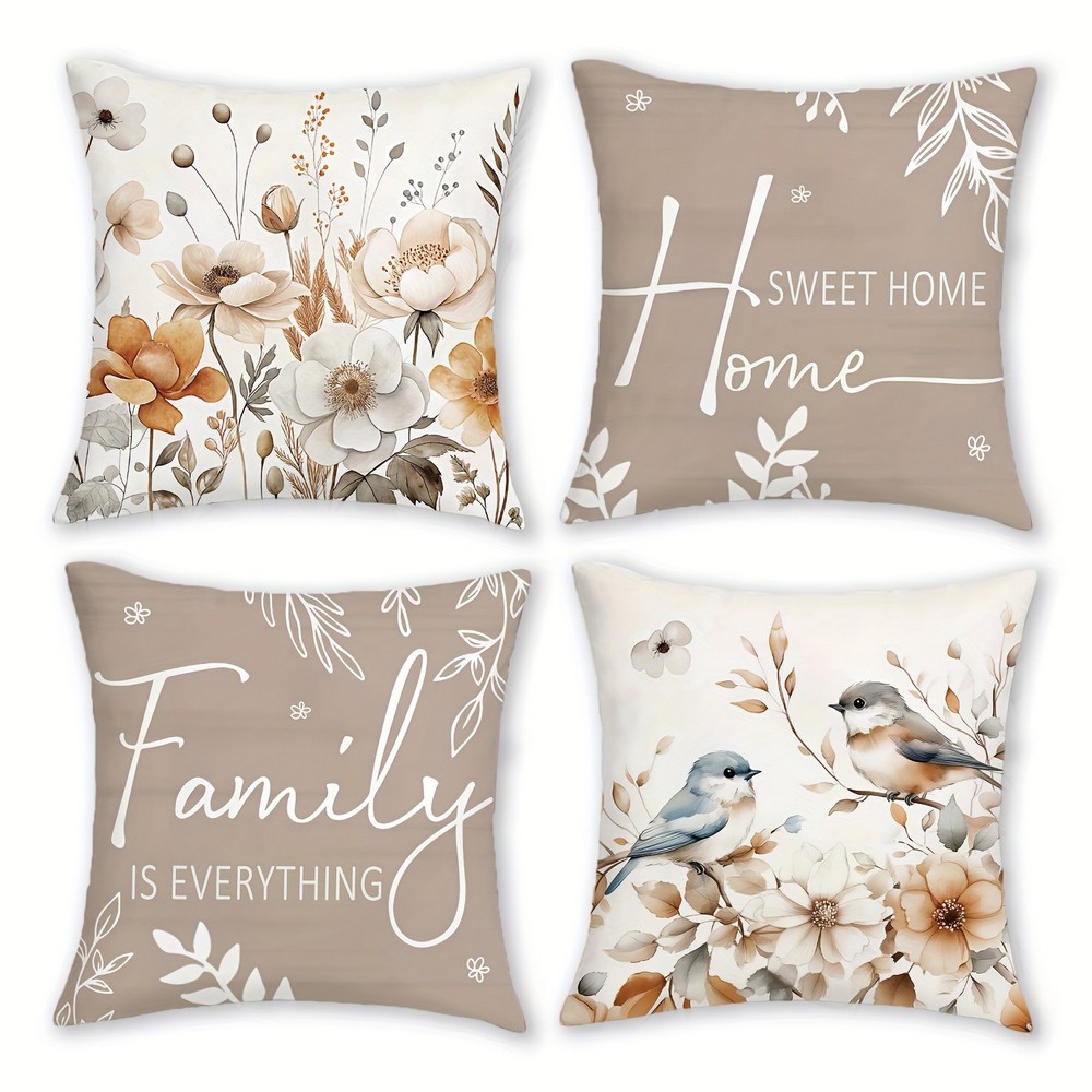 4pcs Pillowcases With Floral And Bird Patterns, Made Of Polyester, Decor, Square Pillow Covers, Modern Sofa Decorative Cushion Covers