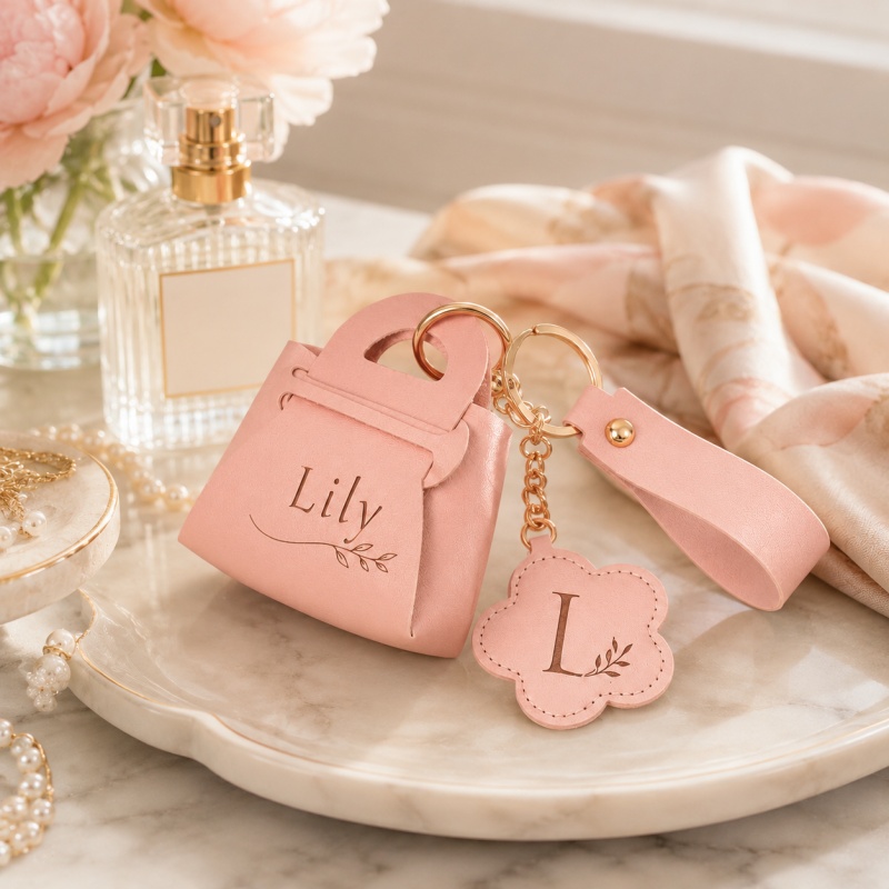 TEMU Laser Engraved Custom Name Initial Mini Handbag Shape Coin Purse, Floral Pendant Double Pendant Key Chain Small Bag, Women's Portable Coin