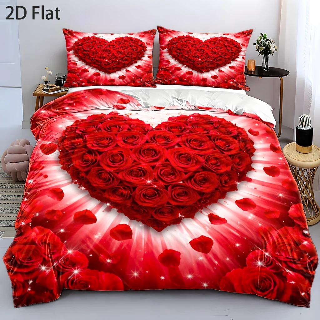 TEMU 3pcs Duvet Cover Set, 1 Duvet Cover + 2 Pillowcases, No Filler, 2d Flat Printing, Red , , Valentine's Day, Bedding, Suitable For , Machine
