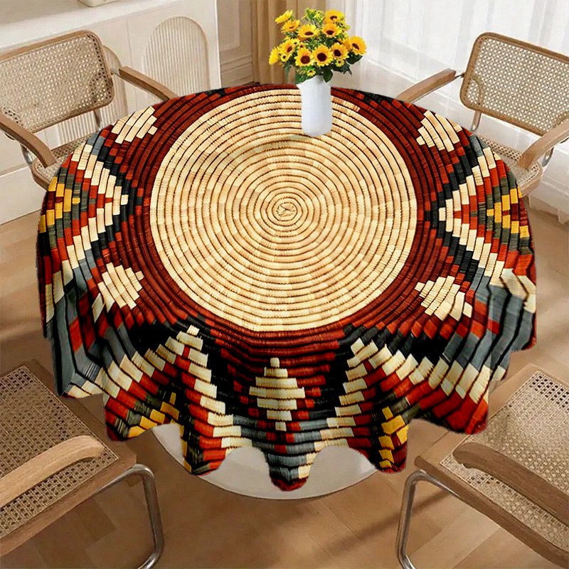 TEMU 1pc Polyester Tablecloth With Circular Geometric Pattern, Colorful And Versatile For Dining Room, Living Room, Café, Suitable For Various Sizes,