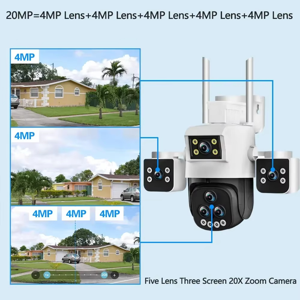 20x Zoom 4MP WiFi Security Camera, White, Full HD WiFi Security Camera, 5 Lenses, Two-Way Audio, Outdoor IP66, Auto Tracking, Human Detection, Push Notifications, 360° Pan-Tilt Control, Video Monitoring, Suitable for Home, Office, and Outdoor Use