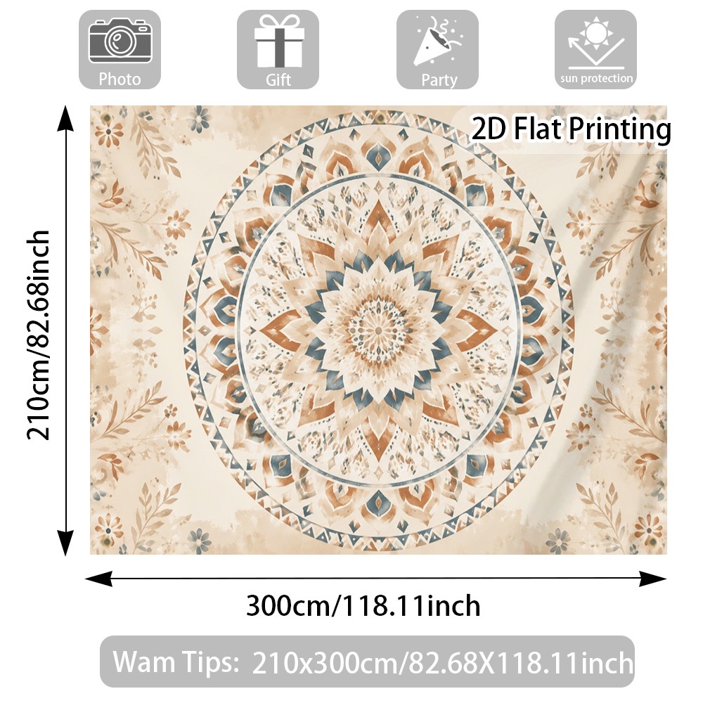 TEMU Outdoor Sunshelter -2d Flat Printing 1pc Festival Canopy With Retro Floral Mandala , Windproof Sunshade, Durable, High-quality Polyester Fabric,