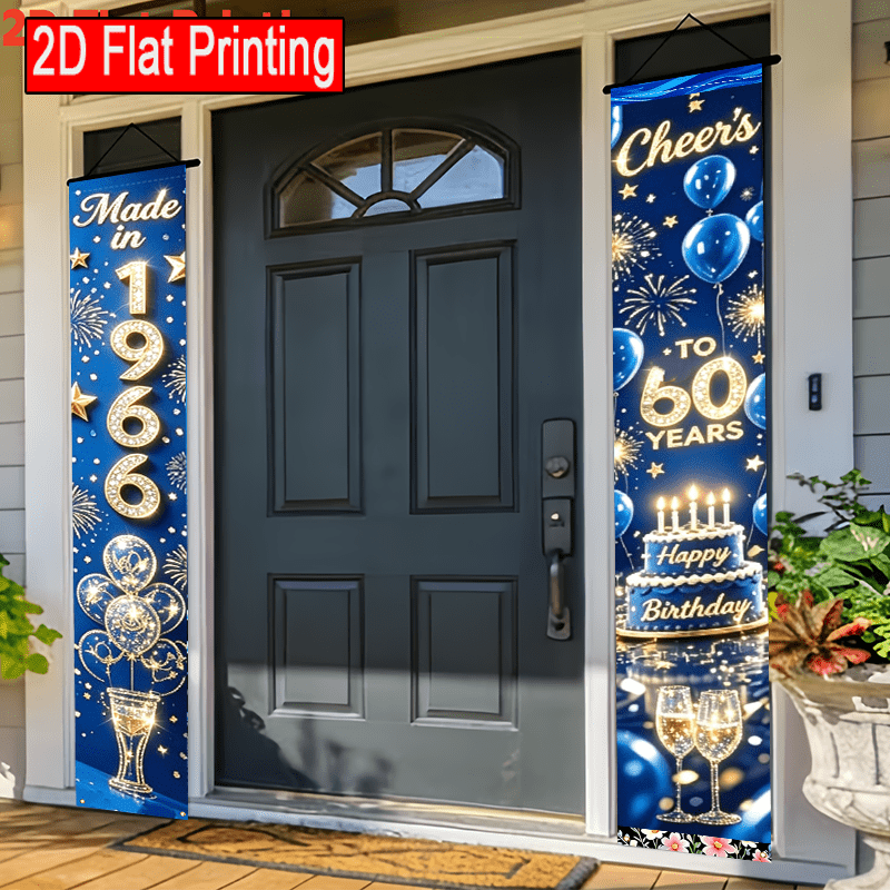 TEMU 2d Flat, 2d Flat 1 Pair Celebrates 60th Birthday With Cheers, Porch Banner Shining With Blue And 1966 Smiling Balloon Smoke Cake Flag Suitable