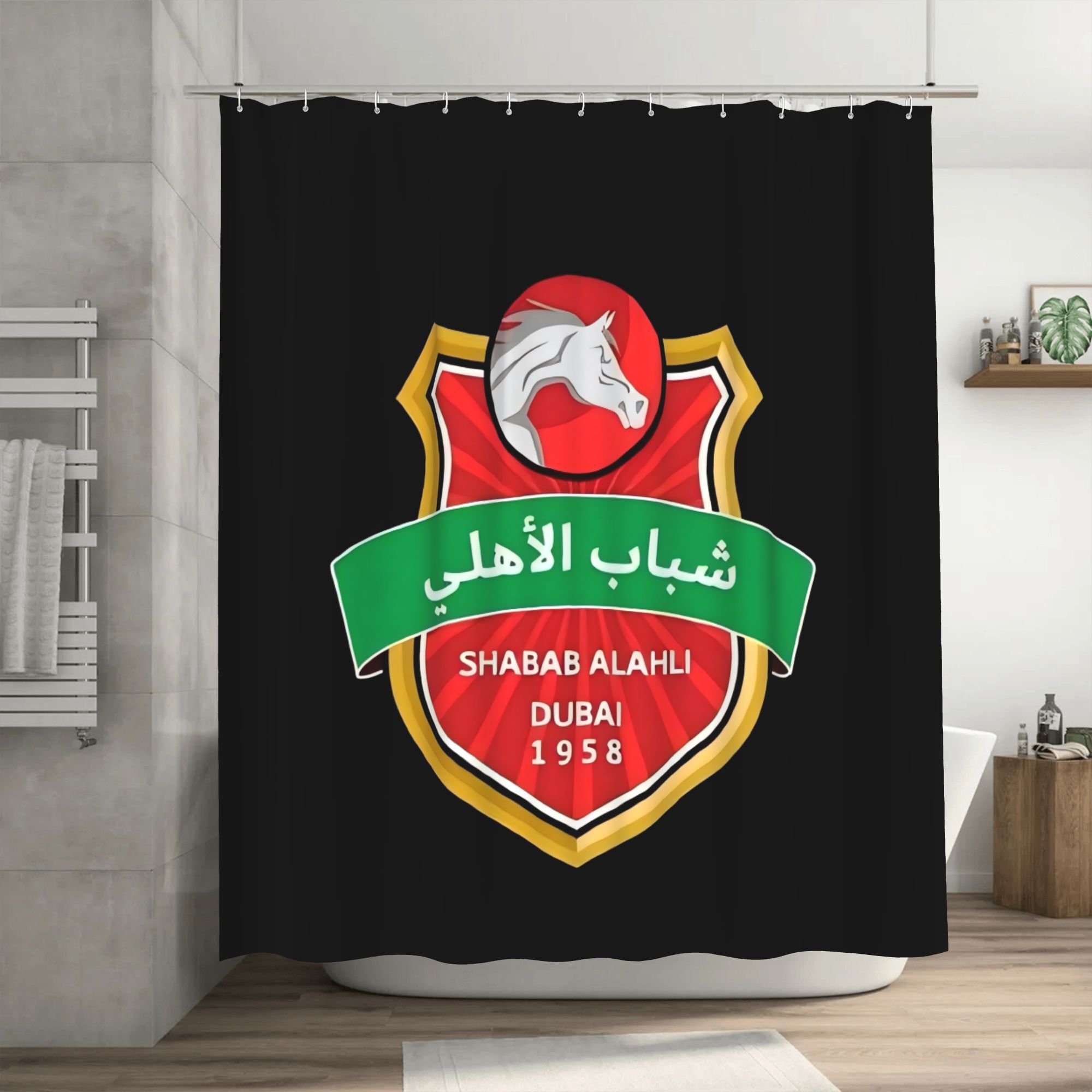   al ashidi dubai 1958 emblem printed shower curtain durable polyester fabric machine washable   bathroom decor with grommets for       curtain smooth texture fabric