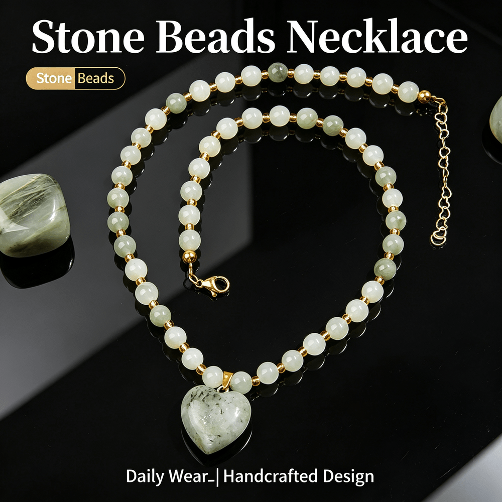 Natural Stone Beaded Necklace with Heart-shaped Stone Pendant