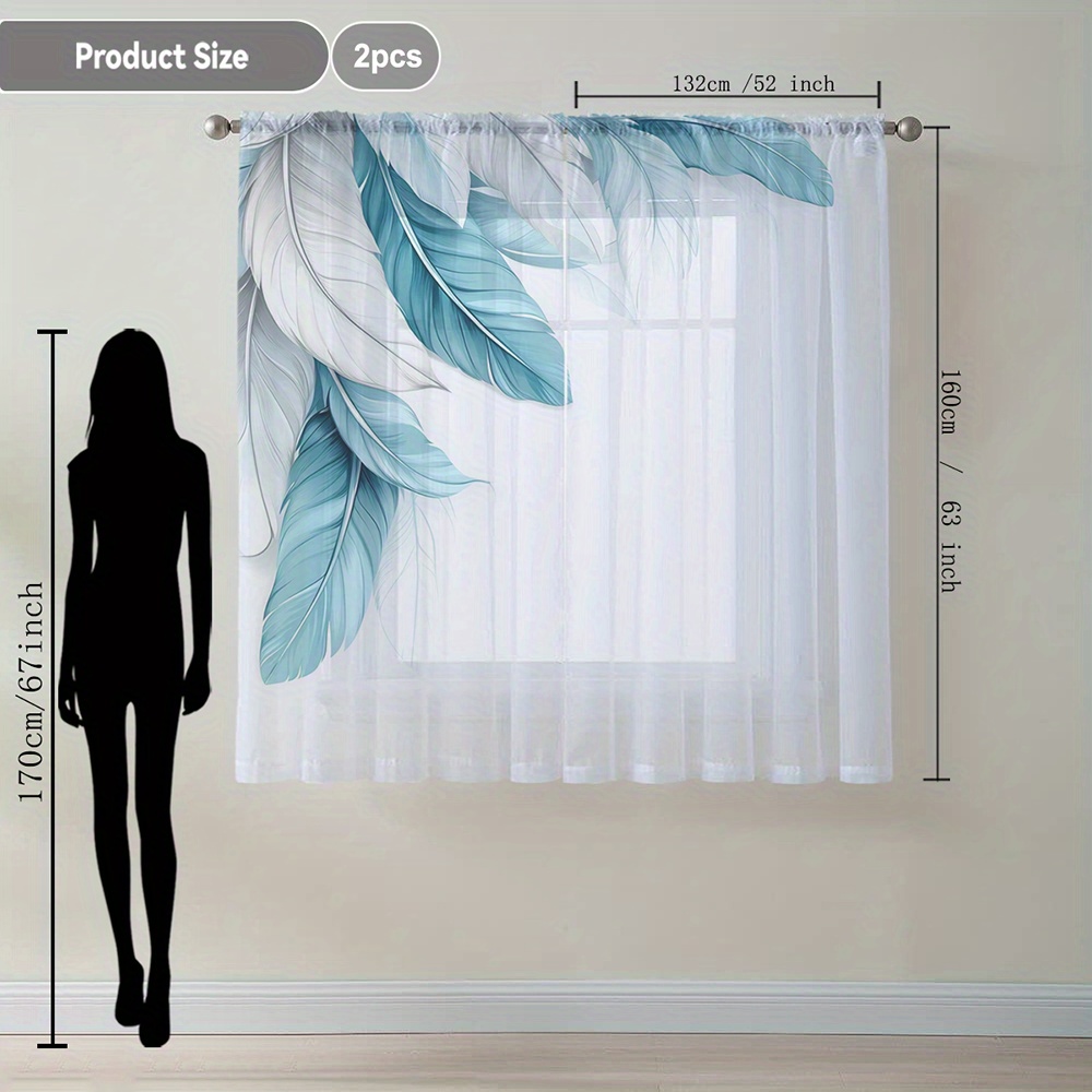 TEMU 2pcs Blue White Feather Printed Sheer Curtain, Elegant Minimalist Style With Rod Pocket Decor Sheer Curtain Home Flowing Tulle For Kitchen Room