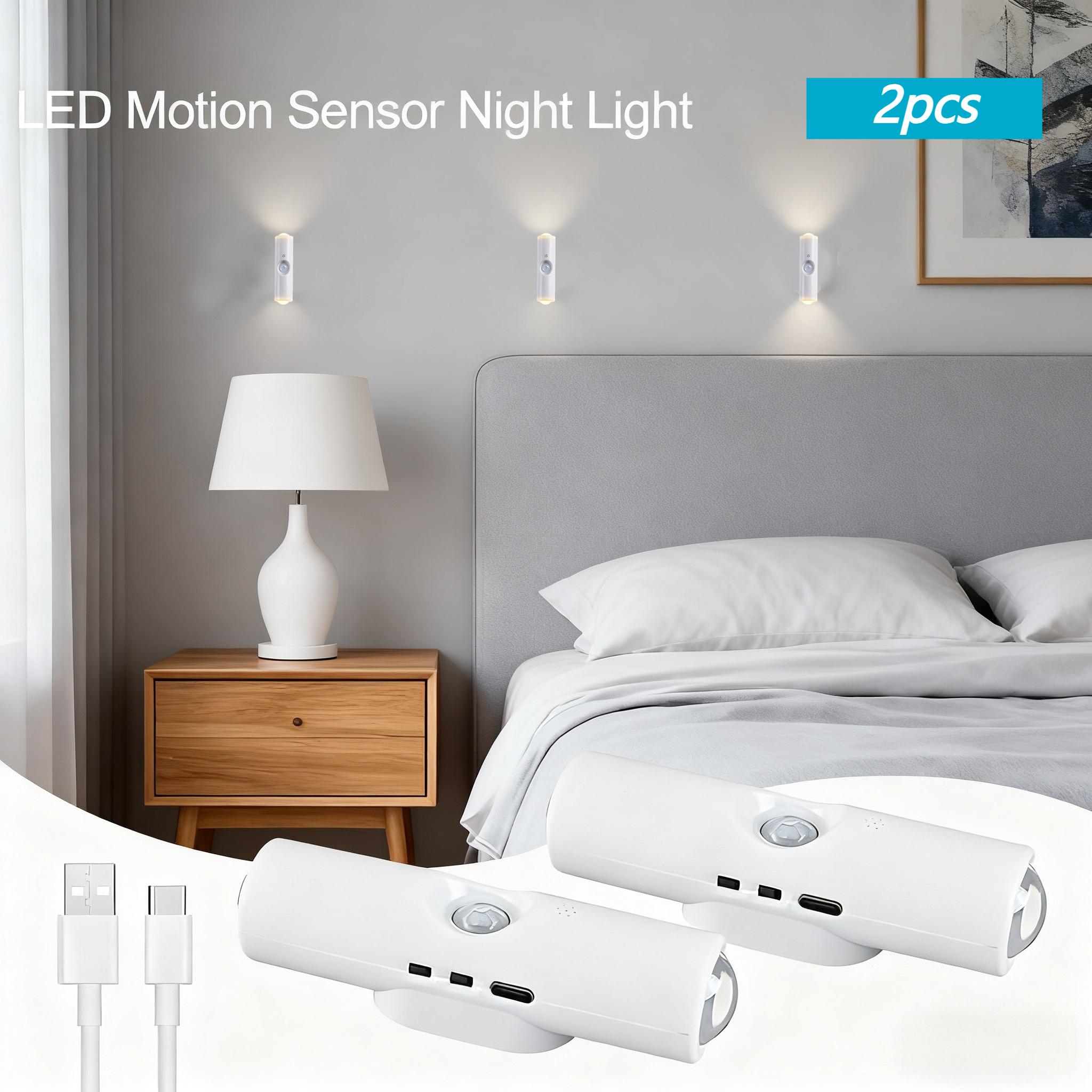 E-shop 2 Stück Smarte Bewegungssensor-Wandlampe - USB-Aufladbar, Dimmbare LED, Automatisches Ein-/Ausschalten, Keine Verkabelung Nötig - Weiße Moderne