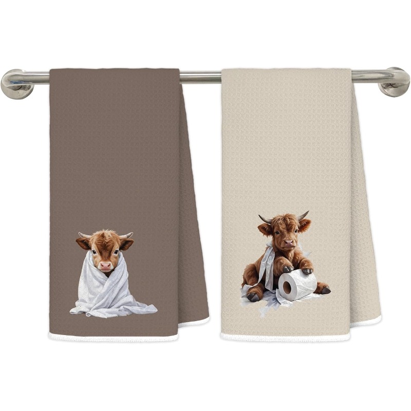 TEMU 2pcs Highland Cow Towels Suitable For , Scottish Pattern Dish Towels, Rectangular Towel With Adorable Scottish Cow, Hand Washable Gift For Guest