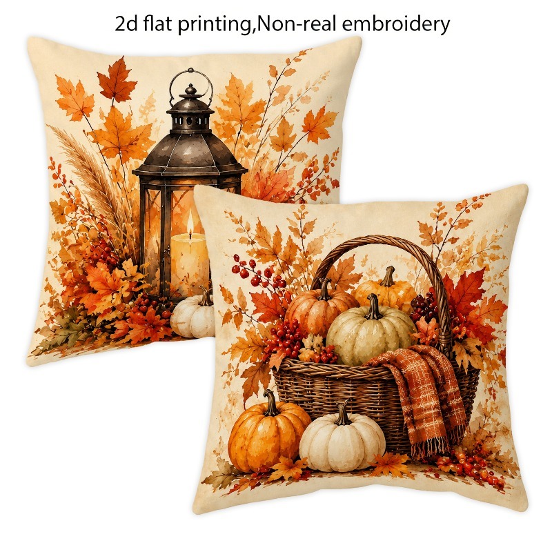 TEMU 2pcs, Autumn Thanksgiving Theme, Vintage Black Wrought Iron Lantern Pumpkin Maple Leaf Berry Pattern Pillowcase, Decorative Throw Pillow