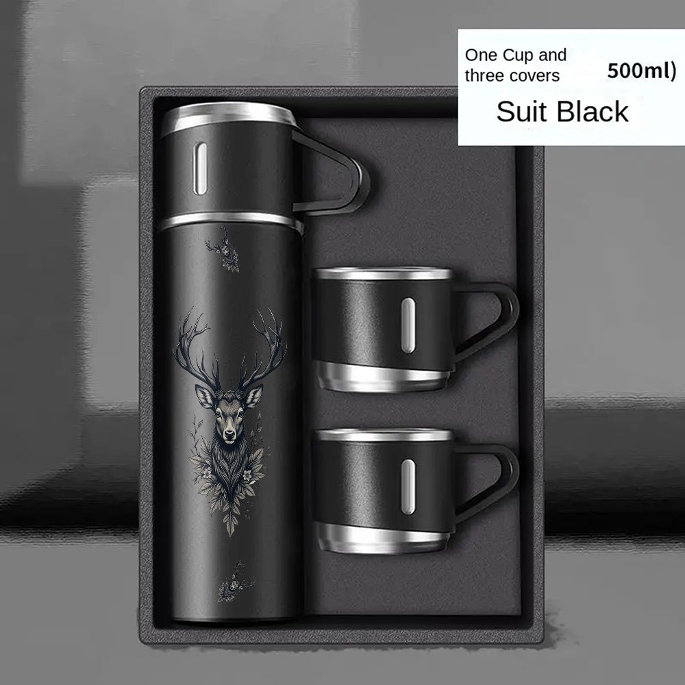 1 Set/3pcs 16.9oz Insulated Gift Set, 304 Stainless Steel Vacuum With 2 Mugs, Portable Travel Water Bottle With Deer Pattern For Drinks, Leak-proof Tumbler For Office, Hiking, Camping, Outdoors