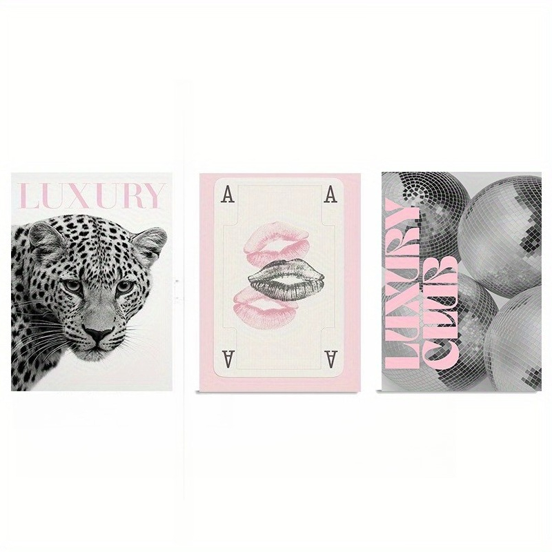 TEMU 2d Flat, 3pcs/set Frameless Wall Art Pink Leopard Print, Lips And Disco Ball Canvas Wall Art Poster, Suitable For Bedroom Living Room And Home