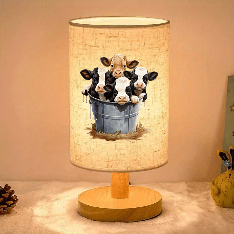 TEMU Adorable Cow Table Lamp - Rustic Wooden Look With Fabric Shade, Usb Powered For Bedroom & Dorm, Warm Ambient Lighting, Perfect Gift Idea For Home Or Office
