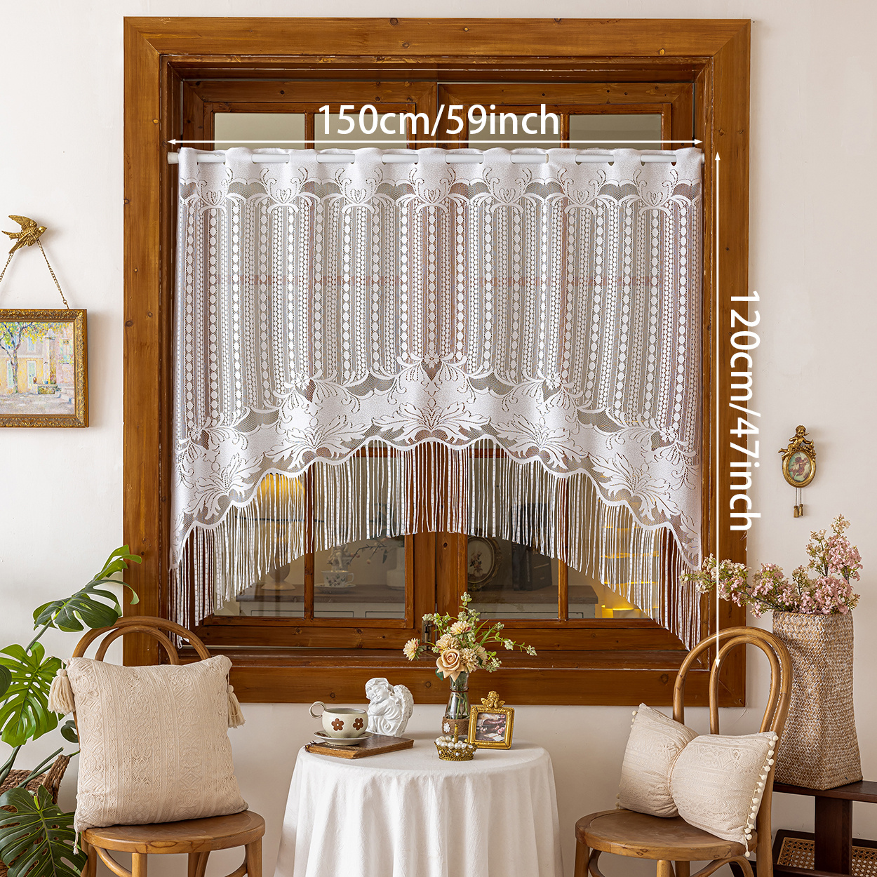 Image of 1pc Modern Arched Sheer Curtain With Tassel Lace, Breathable Fabric, Top Rod Pocket Hanging, Window Decor, Suitable For Living Room, Bedroom, Cafe, Curtain Decoration