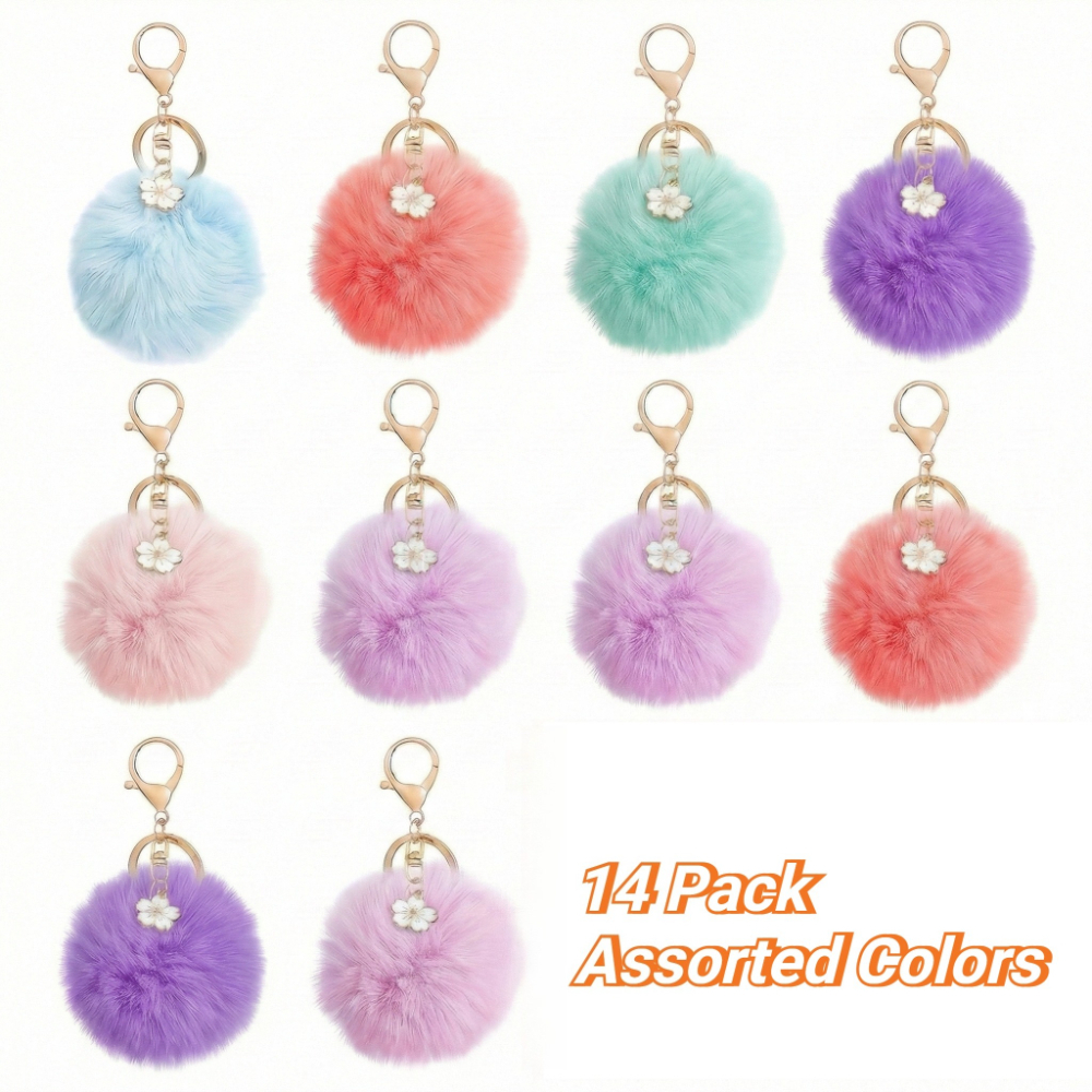 TEMU 14pcs Random Colors Boho Flower Pom Pom Keychains, Aesthetic Pastel Plush Accessories For , Soft Faux Ball Keyring