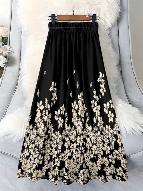sommerurlaub damenrock mit schwarzem hintergrund, beigeem farbverlauf und floralen print, sanfter blumenmuster-print mit -stil-atmosphäre, hochtaillierter a-linien-rock, formt nicht die figur, bequem und atmend