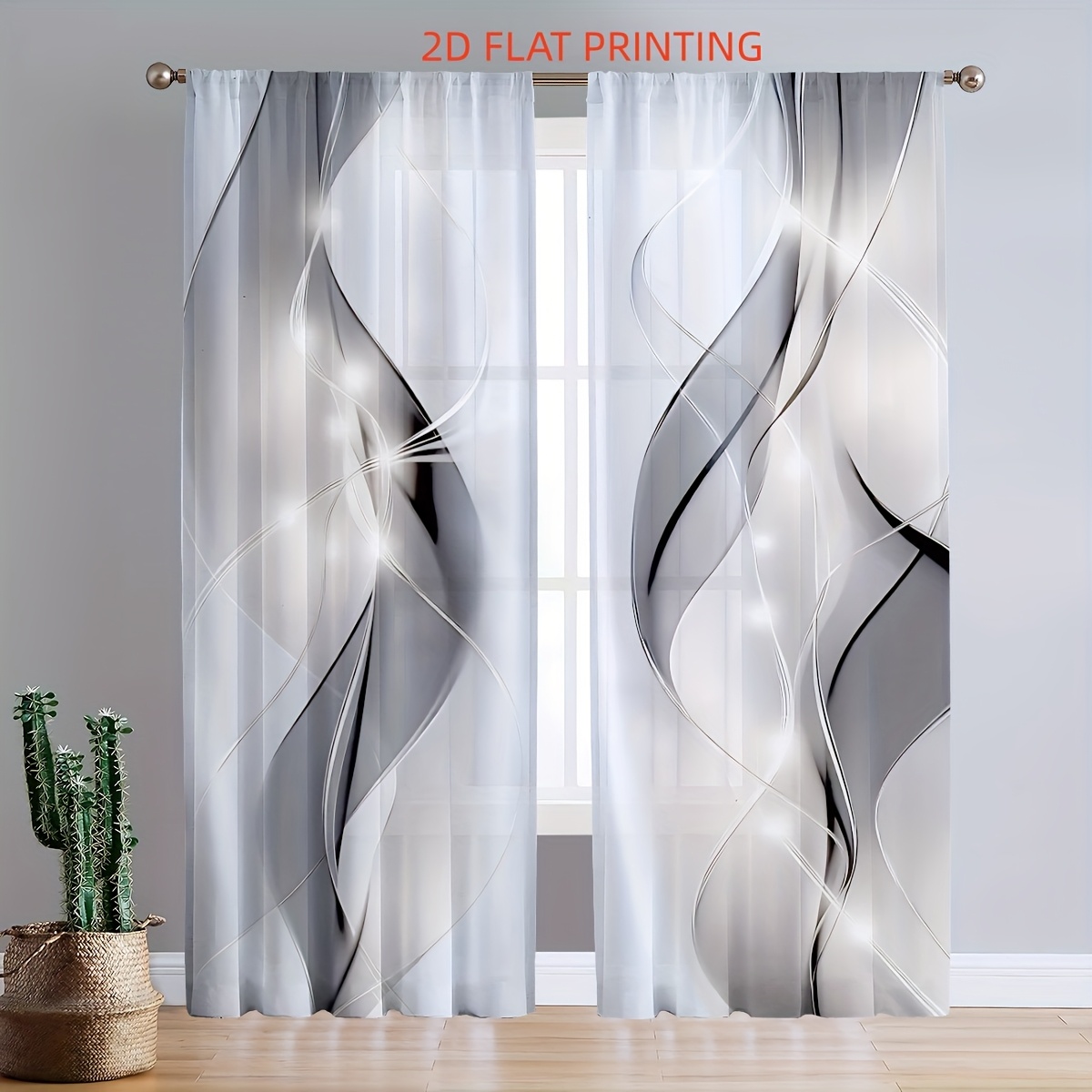 TEMU 2d Flat, 2d Flat Print Luxurious Patterned Sheer Curtains, Set Of 2| Semi-transparent , Fade-resistant Polyester Material, Lightweight And