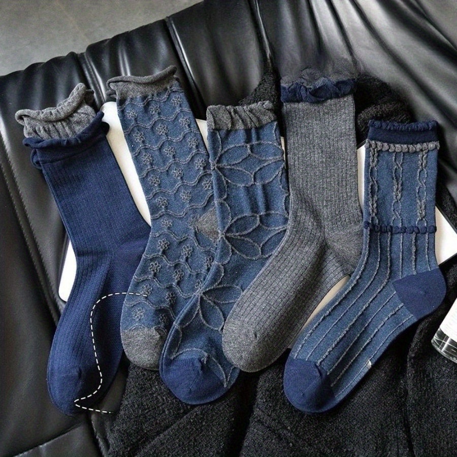 5 Pairs Of Random, Women's Medium Tube Socks With A Sense Of Atmosphere, Worn In , Navy Blue Tone, Boneless , With A Retro And Classical Sense, Very Suitable For Daily Casual Wear