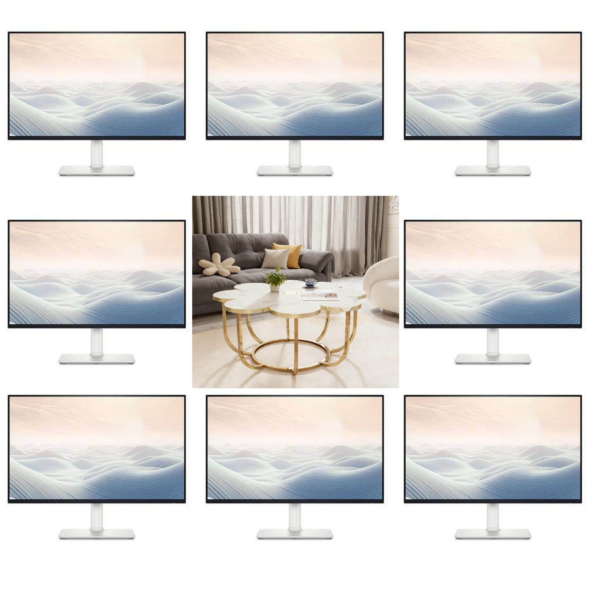 Modern Faux Marble Coffee Table, Flower-shaped Tabletop With Metal Frame, 39.37-inch Accent Centerpiece For Living Room Bedroom Lounge, White And Golden