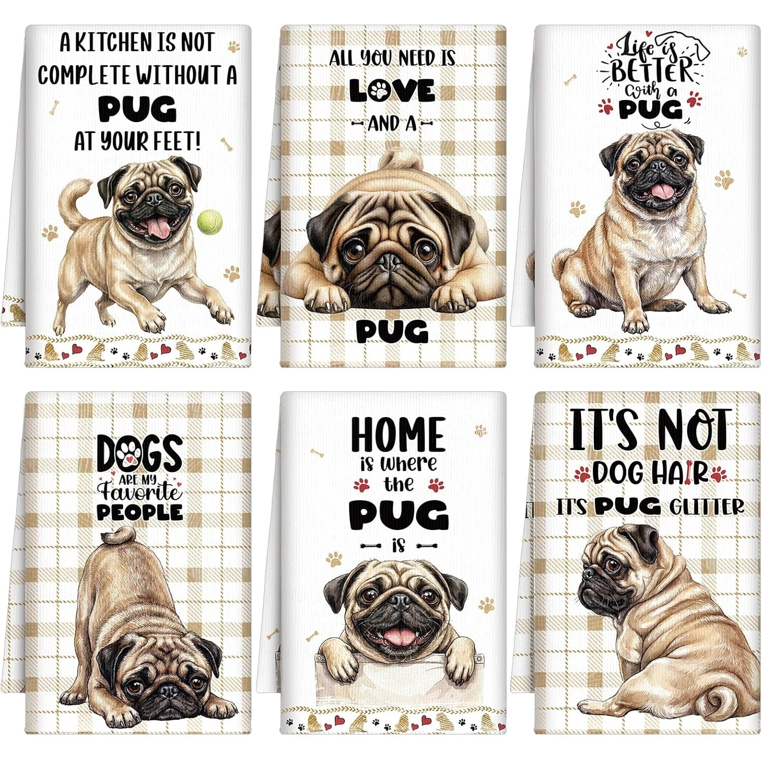 TEMU 6pcs Pug Kitchen Towels Funny Puppy Dish Towel Gifts For Kitchen Hand Tea Dishcloth Decorative With Hanging Loop For Christmas Home Housewarming