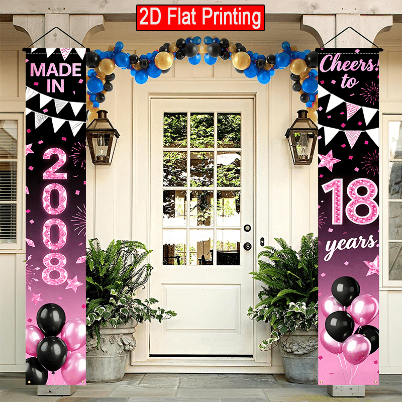 Image of 2d Flat - 2d Flat - 2d Flat 2pcs Happy 18th Birthday Porch Banner In Black And Pink, A Perfect Gift For The 18th Anniversary Featuring A 2008 . Ideal For Outdoor Courtyard Lawn Decoration