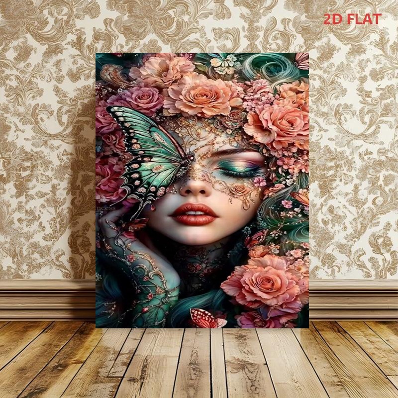 TEMU 2d Flat, Vertical Floral Woman With Mask Wall - Frameless Canvas Painting Suitable For Living Room, Bedroom, Office Decor - Vintage /noh Theater