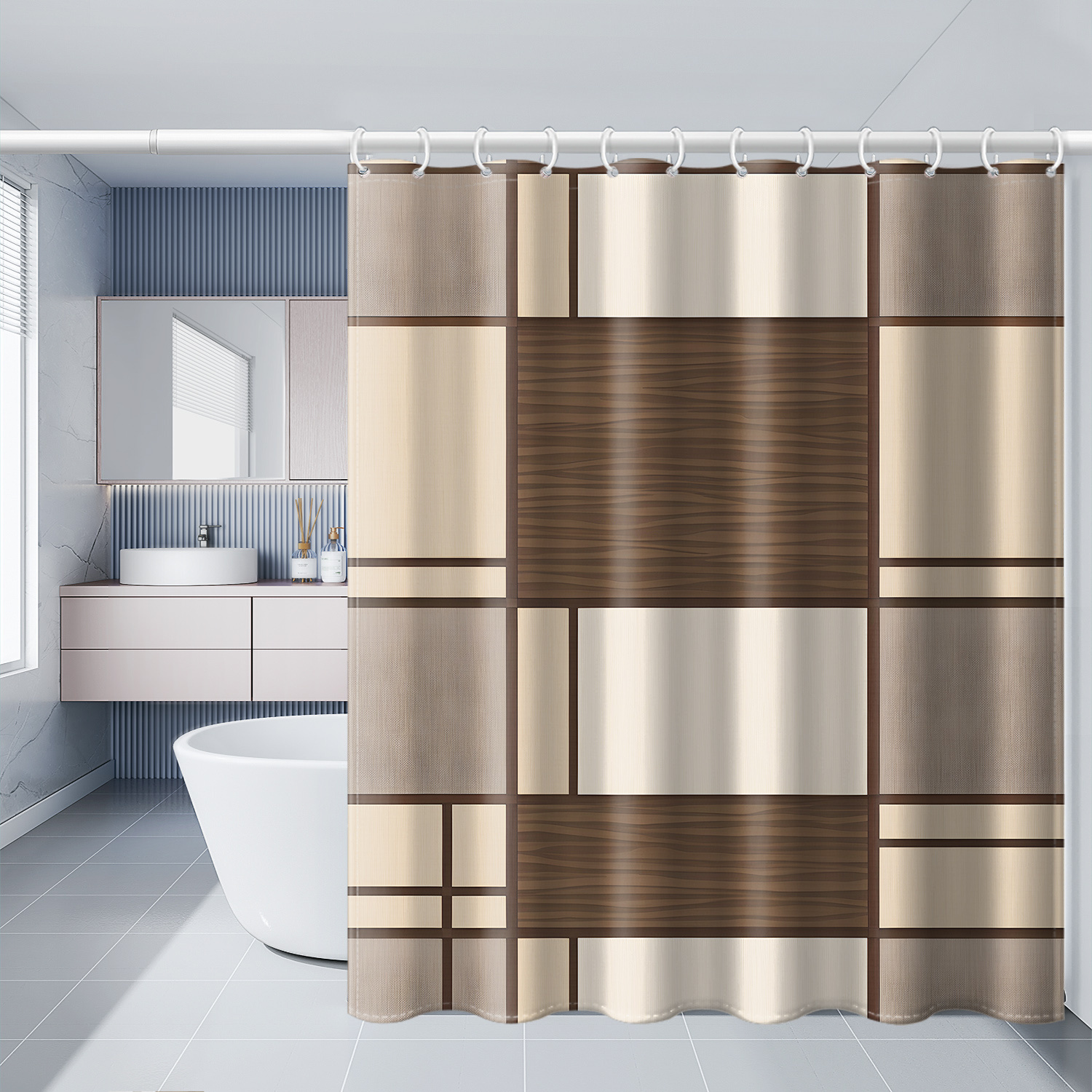 TEMU 1pc Rideau de douche à carreaux marron et beige avec crochets, tissu en polyester tissé, lavable en machine, non doublé, thème , décoration de