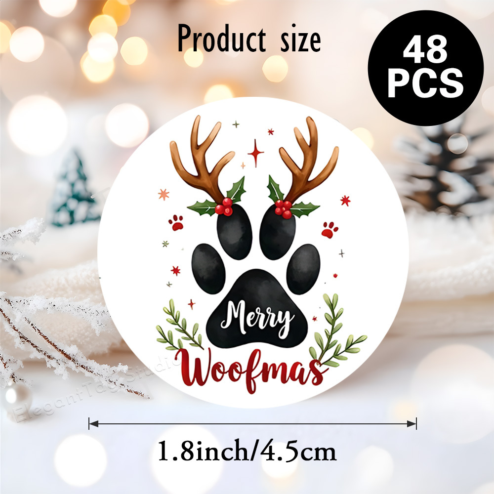 TEMU 48 stuks ronde stickers met de tekst 'Merry Woofmas' samen met pootafdrukken, hoorns en kornoelje, perfect voor families en vrienden die van