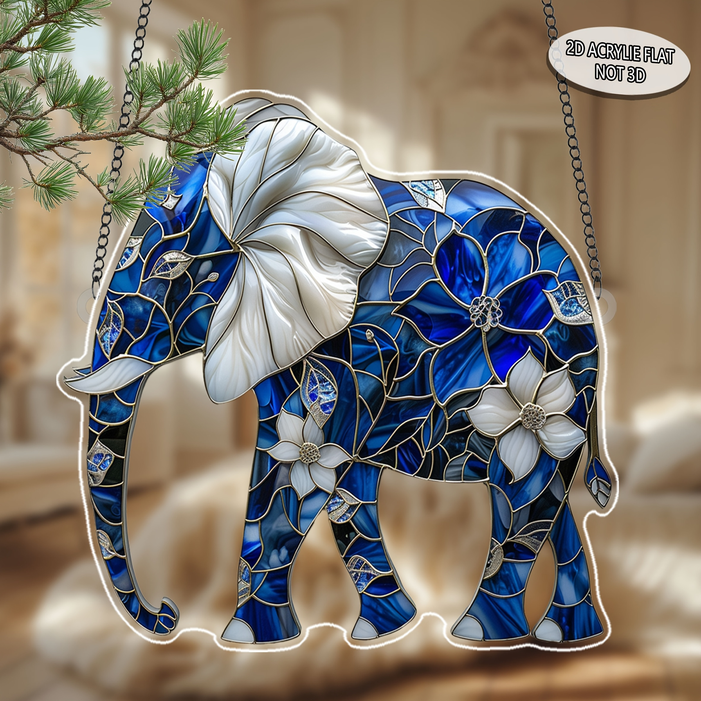 TEMU Attrape-soleil éléphant rayé bleu et blanc plat 2D, décoration d'anniversaire sur le thème des animaux en acrylique 2D, ornement à suspendre à ,